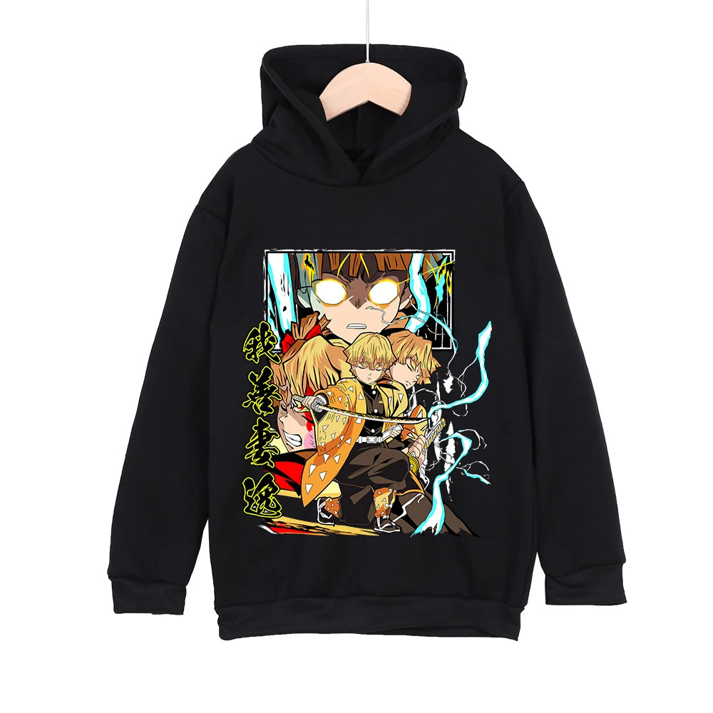Kids Anime Demon Slayer Zenitsu Print Cotton Hoodie Unisex Boys Girls Pullover Sweatshirt Cosplay Costume for 3-12 Year Children