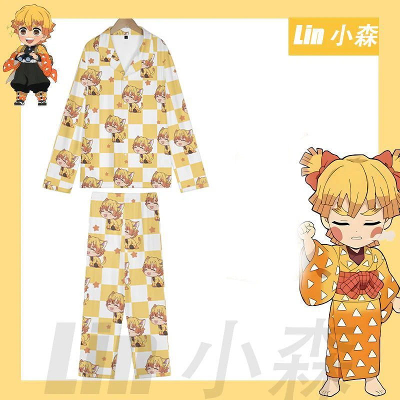Anime Cosplay Homewear Demon Slayer Agatsuma Zenitsu Cute Pajama Set Demon Girl Pink Pattern Nightwear Loungewear Holiday Gift