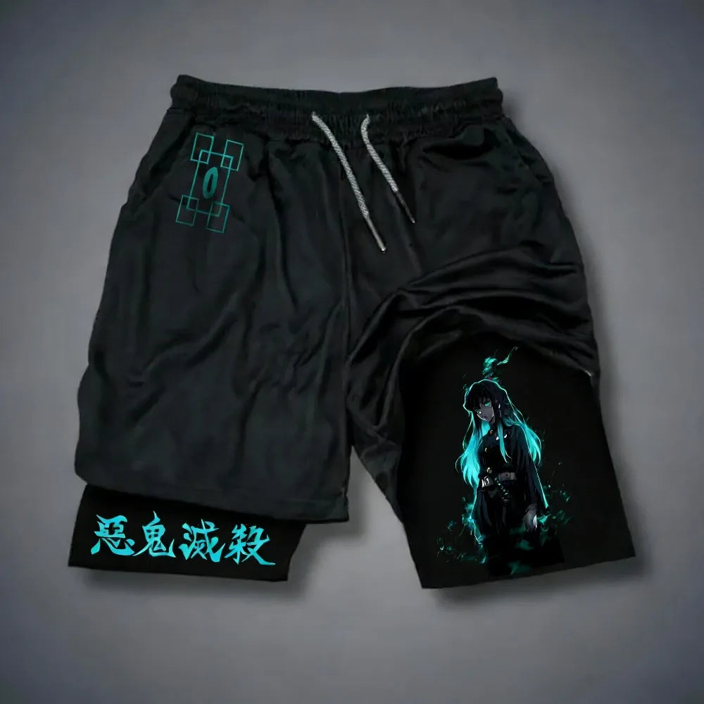 Unisex Demon Slayer Tokitou Muichirou 2026 Summer New Harajuku Anime Printed Loose Quick Drying Double-layer Sports Shorts