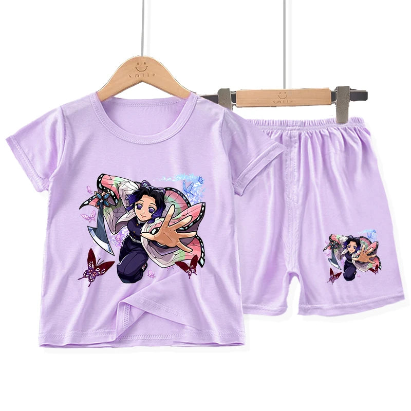 Demon Slayer Girl Pajamas Set Kamado Nezuko Kochou Shinobu Toddler Sleepwear 2pcs Cartoon Summer Home Tops Shorts Kids Pyjamas