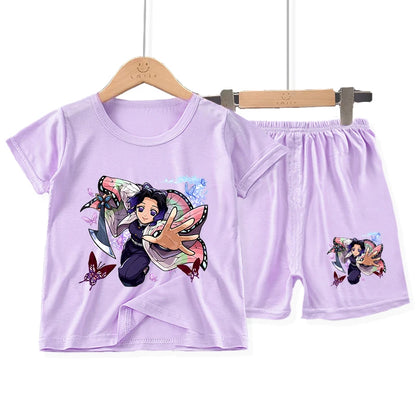 Demon Slayer Girl Pajamas Set Kamado Nezuko Kochou Shinobu Toddler Sleepwear 2pcs Cartoon Summer Home Tops Shorts Kids Pyjamas