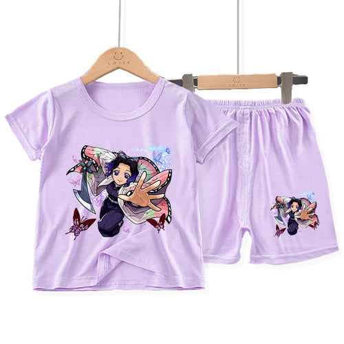 Demon Slayer Girl Pajamas Set Kamado Nezuko Kochou Shinobu Toddler Sleepwear 2pcs Cartoon Summer Home Tops Shorts Kids Pyjamas