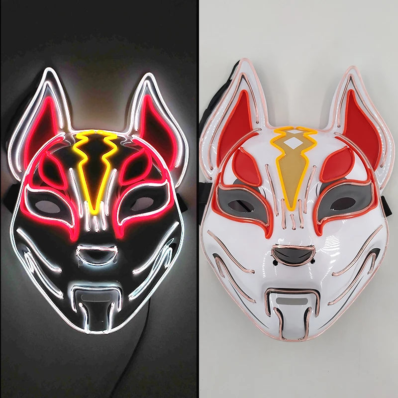 Glowing  Demon Slayer Mask Cosplay Japanese Cartoon Neon Light Samurai Mascara Luminous Led Fox Mask For Halloween Christmas