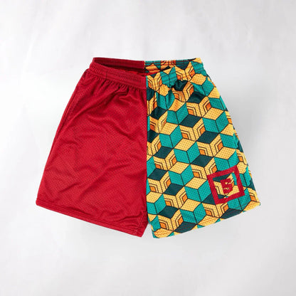 Bandai Demon Slayer Tanjiro Kamado Shorts, Black Turquoise Checkered with Great Wave Mesh Athletic Bottoms  Man - Beach shorts