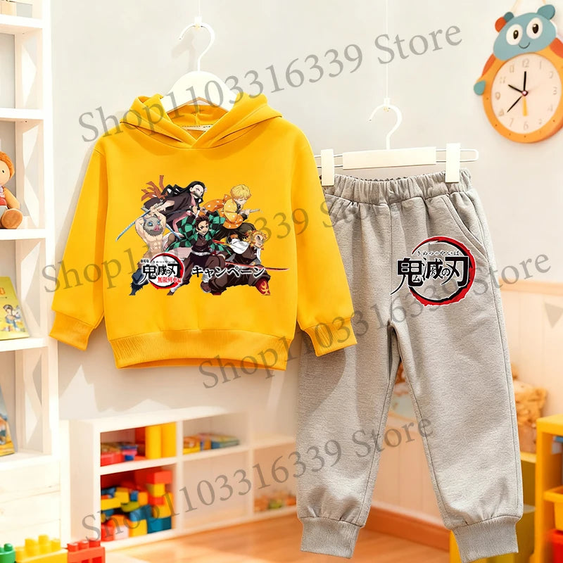 Demon Slayer Anime Hoodie Pants Set Children Hooded Sweatshirt Outerwear Pants Set Boys Girls Tops Autumn Pullover Clothing Gift