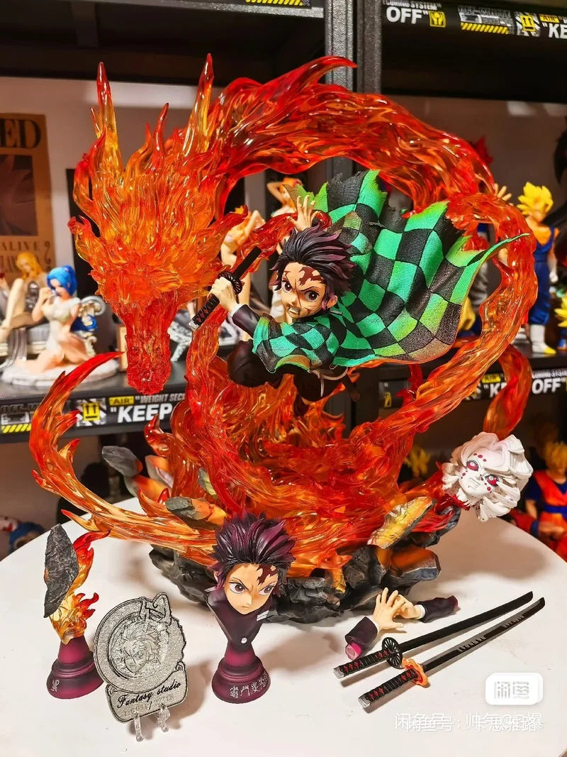Demon Slayer 30cm Gk Statue Tanjirou Kamado Pvc Action Figure Fire Dragon Withled Light Anime Kimetsu No Yaiba Toys Figuras