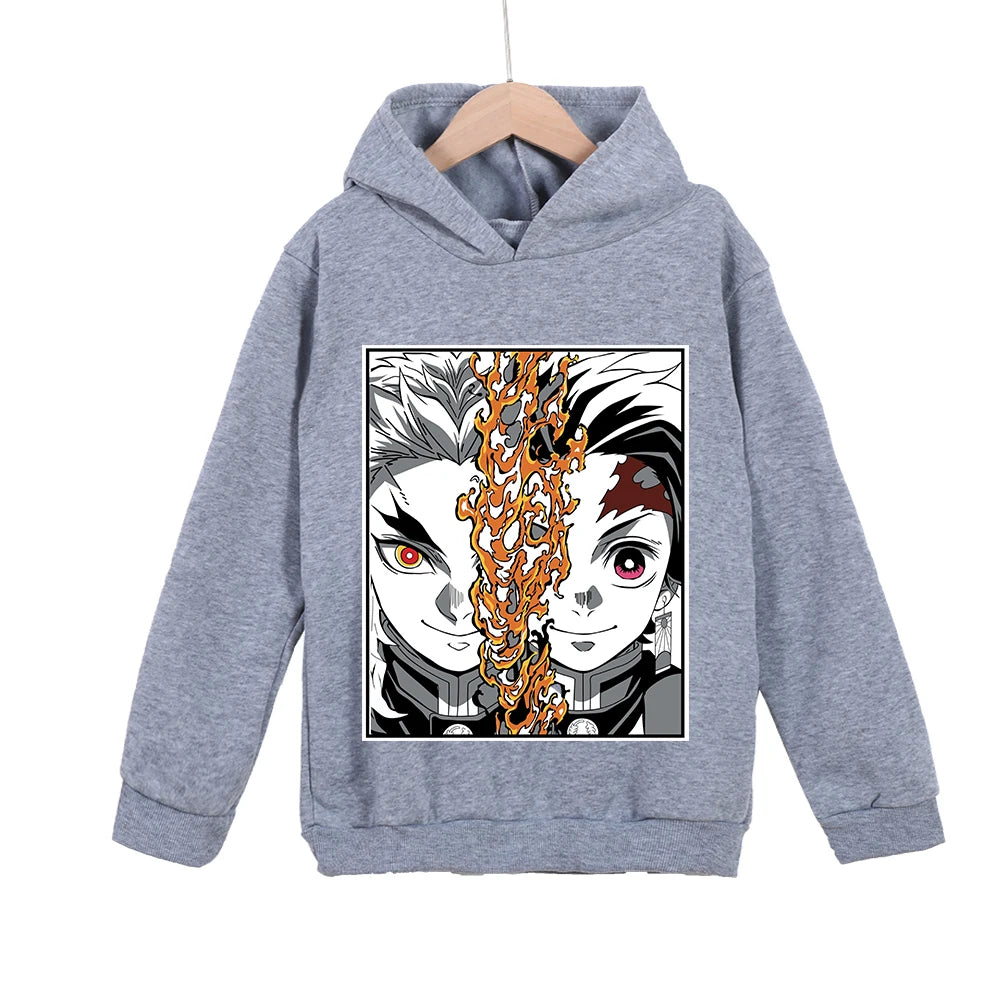 Kids Anime Hoodie Demon Slayer Rengoku x Tanjiro Print Cotton Sweatshirt Unisex Boys Girls Clothing 100-160cm