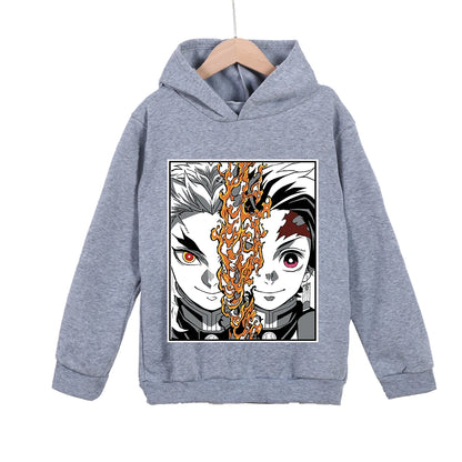 Kids Anime Hoodie Demon Slayer Rengoku x Tanjiro Print Cotton Sweatshirt Unisex Boys Girls Clothing 100-160cm