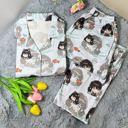 Cute Demon Slayer Pajama Set Spring Autumn Kamado Tanjirou Lolita Girl Pajamas Long Sleeves Student Cosplay Loungewear Set Gift