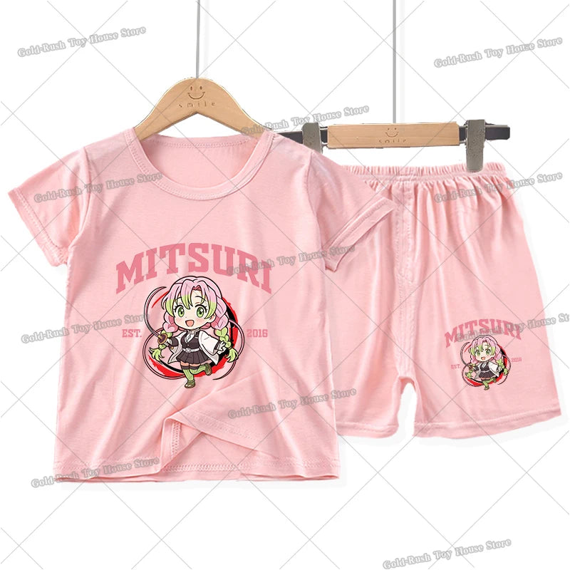 Demon Slayer Girl Pajamas Set Kamado Nezuko Kochou Shinobu Toddler Sleepwear 2pcs Cartoon Summer Home Tops Shorts Kids Pyjamas