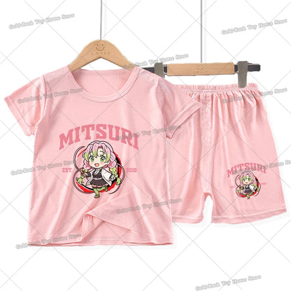 Demon Slayer Girl Pajamas Set Kamado Nezuko Kochou Shinobu Toddler Sleepwear 2pcs Cartoon Summer Home Tops Shorts Kids Pyjamas