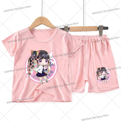 Demon Slayer Girl Pajamas Set Kamado Nezuko Kochou Shinobu Toddler Sleepwear 2pcs Cartoon Summer Home Tops Shorts Kids Pyjamas