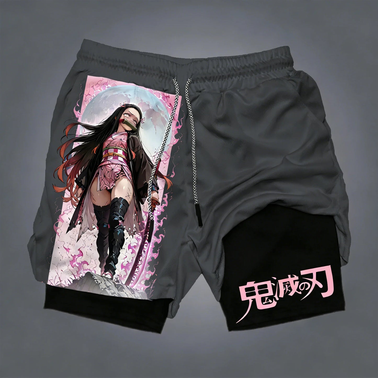 Demon Slayer Men's Summer Double Layer Shorts New Nezuko Anime Printed Gym Quick Drying Breathable 2-in-1 Sports Shorts