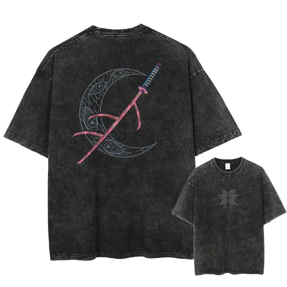 Japanese Anime Demon Slayer Kokushibo Graphic Washes T-shirts Men's Women's Pure Clothing Harajuku Y2K Streetwear Cotton Tops