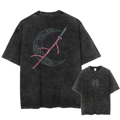 Japanese Anime Demon Slayer Kokushibo Graphic Washes T-shirts Men's Women's Pure Clothing Harajuku Y2K Streetwear Cotton Tops