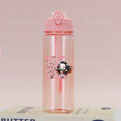 Demon Slayer Pink Water Bottle with Straw Cute Drinking Bottles Letter A-z Summer Sports Portable Water Cup Child Birthday Gift