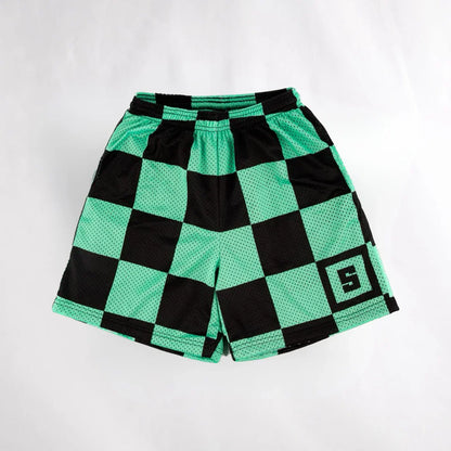 Bandai Demon Slayer Tanjiro Kamado Shorts, Black Turquoise Checkered with Great Wave Mesh Athletic Bottoms  Man - Beach shorts