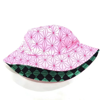 Anime Demon Slayer Fisherman Cap Cosplay Kamado Tanjirou Nezuko No Yaiba Printing Bucket Hat Sunhat Costume Double Sided Wearing