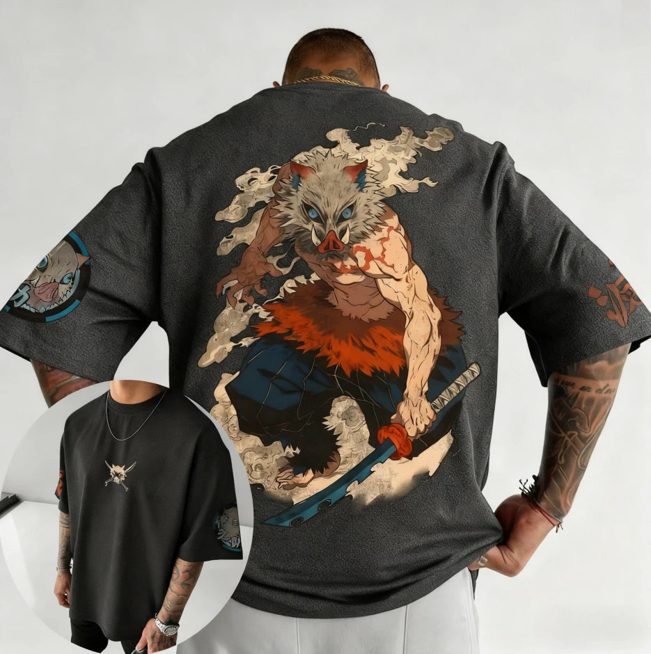 Demon Slayer Anime Hashibira Inosuke Printed T-shirt 2026 Men's Autumn/Winter Harajuku New Daily Casual Parent-child Top