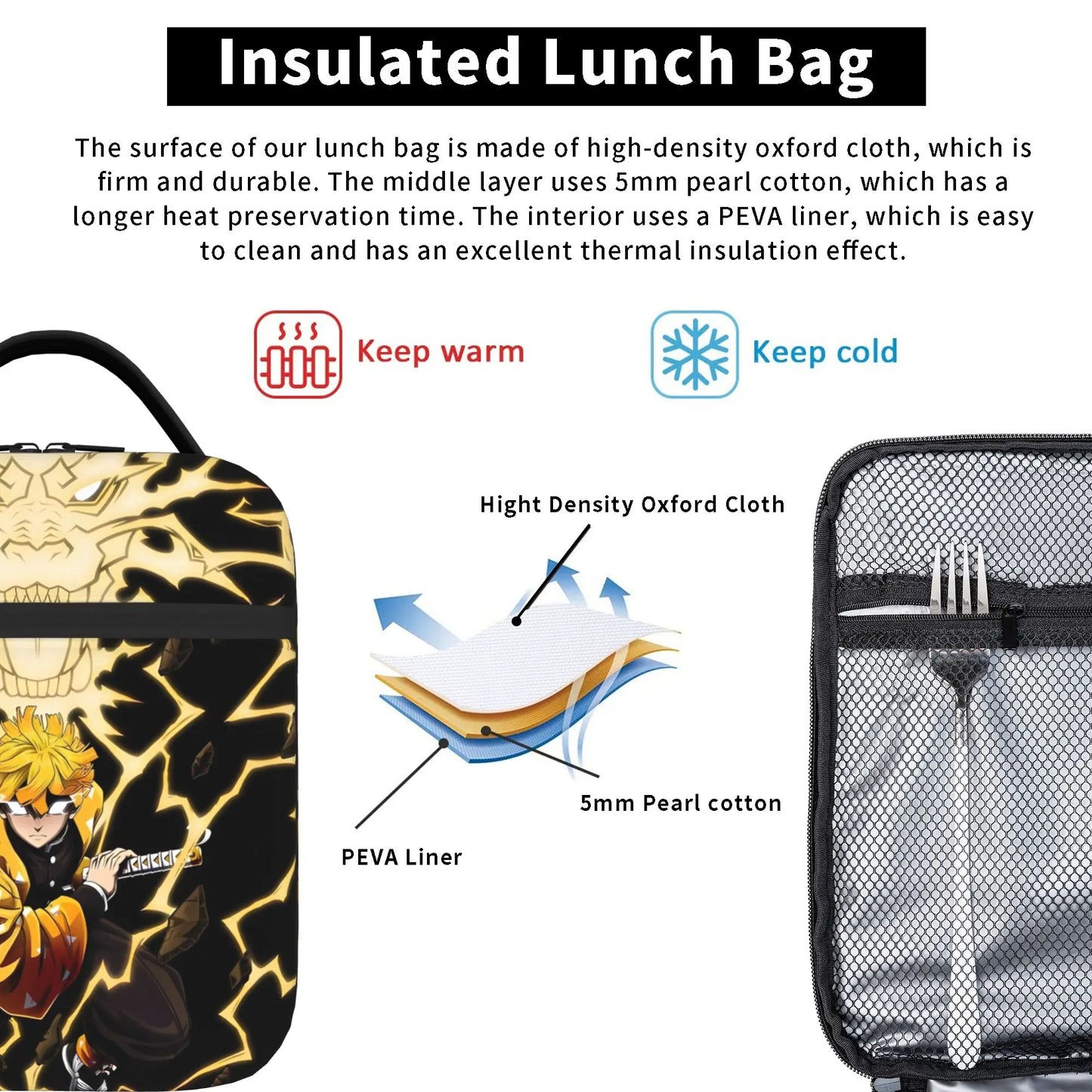 1 Piece Portable Lunch Container Lightning Warrior  Zipper Closure Durable Pocket Demon Slayer  For Lunch Lunch Box Bag