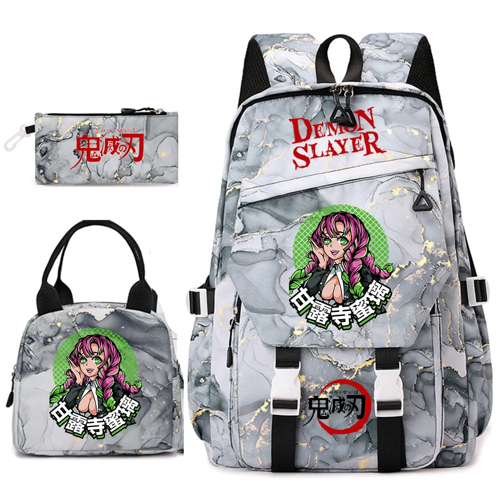 Demon Slayer Anime Backpack Set for Girls Demon Slayer 3Pcs School Bag Lunch Kit Pouch