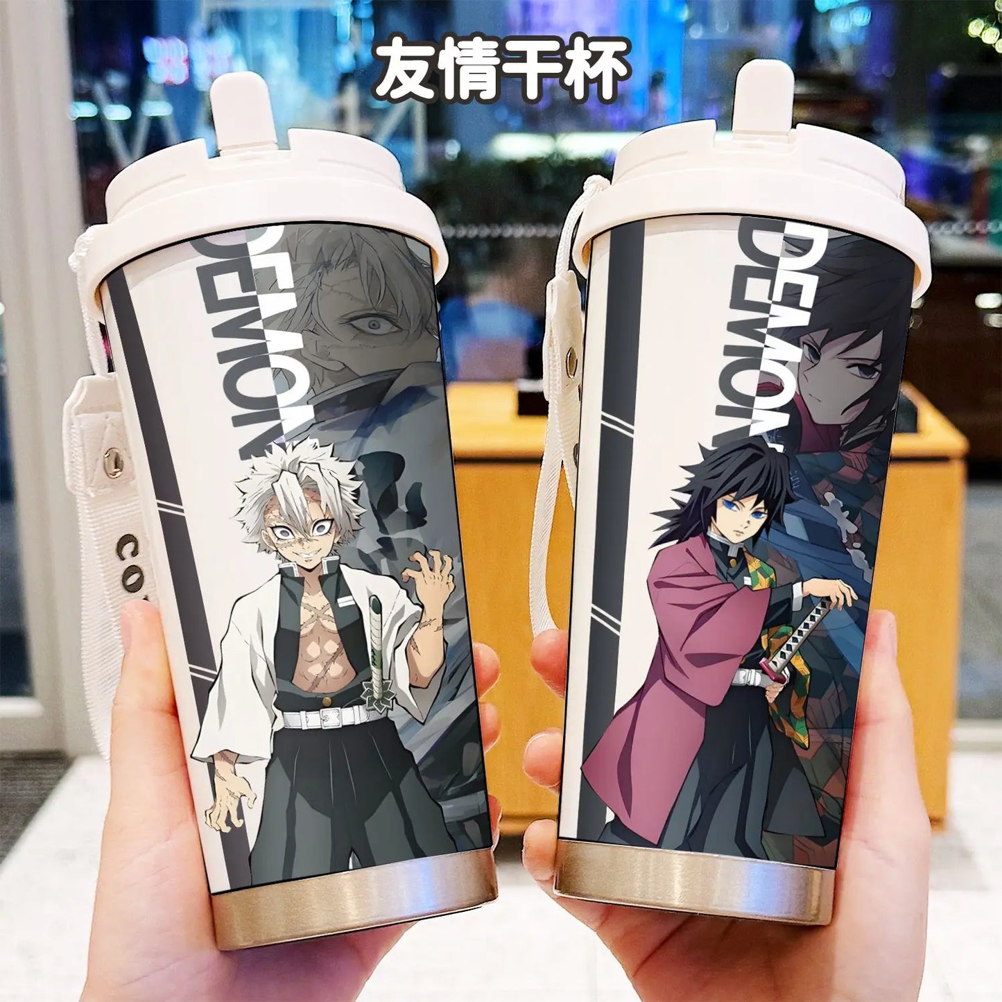 Demon Slayer Kochou Shinobu Water Cup Agatsuma Zenitsu Tomioka Giyuu Straw Thermos Cup Anime Stainless Coffee Mug Motion Bottle