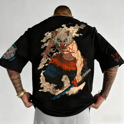 Demon Slayer Anime Hashibira Inosuke Printed T-shirt 2026 Men's Autumn/Winter Harajuku New Daily Casual Parent-child Top
