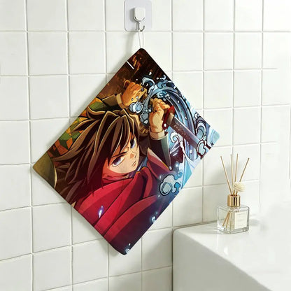 Cartoon Figure Giyu Tomioka Hanging Polyester Cotton Towel, Reusable Hand Wiping Cloth, Wear Resistant for Home Kitchen Sink