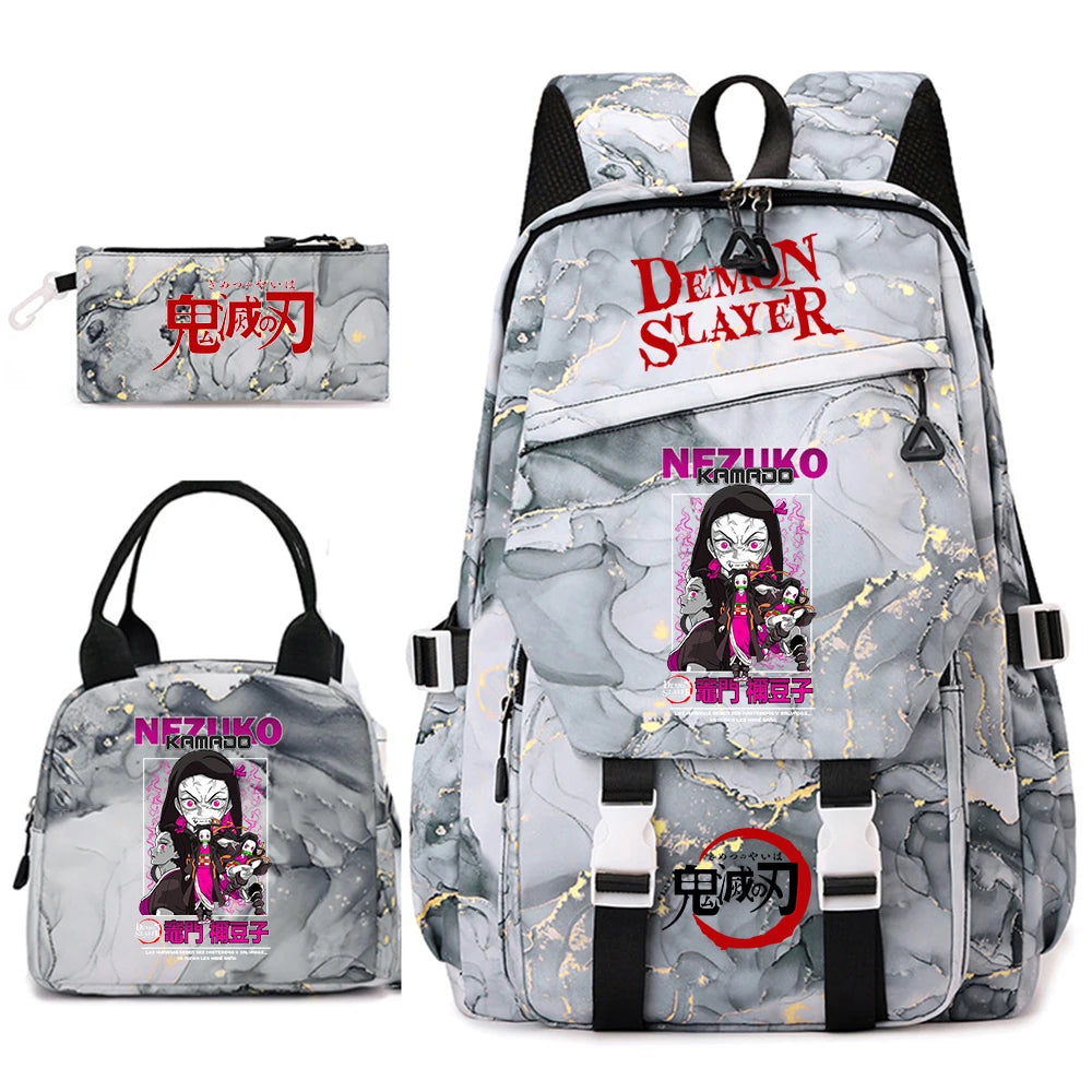 Demon Slayer Anime Backpack Set for Girls Demon Slayer 3Pcs School Bag Lunch Kit Pouch