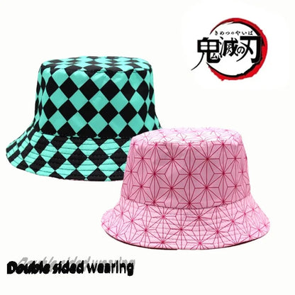Anime Demon Slayer Fisherman Cap Cosplay Kamado Tanjirou Nezuko No Yaiba Printing Bucket Hat Sunhat Costume Double Sided Wearing