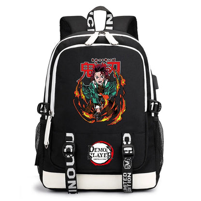 Demon Slayer Anime Print Student Backpack USB Charging Port Lightweight School Bag for Boys Girls