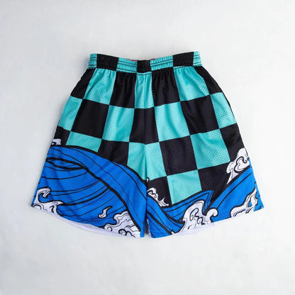 Bandai Demon Slayer Tanjiro Kamado Shorts, Black Turquoise Checkered with Great Wave Mesh Athletic Bottoms  Man - Beach shorts