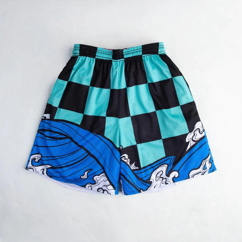 Bandai Demon Slayer Tanjiro Kamado Shorts, Black Turquoise Checkered with Great Wave Mesh Athletic Bottoms  Man - Beach shorts