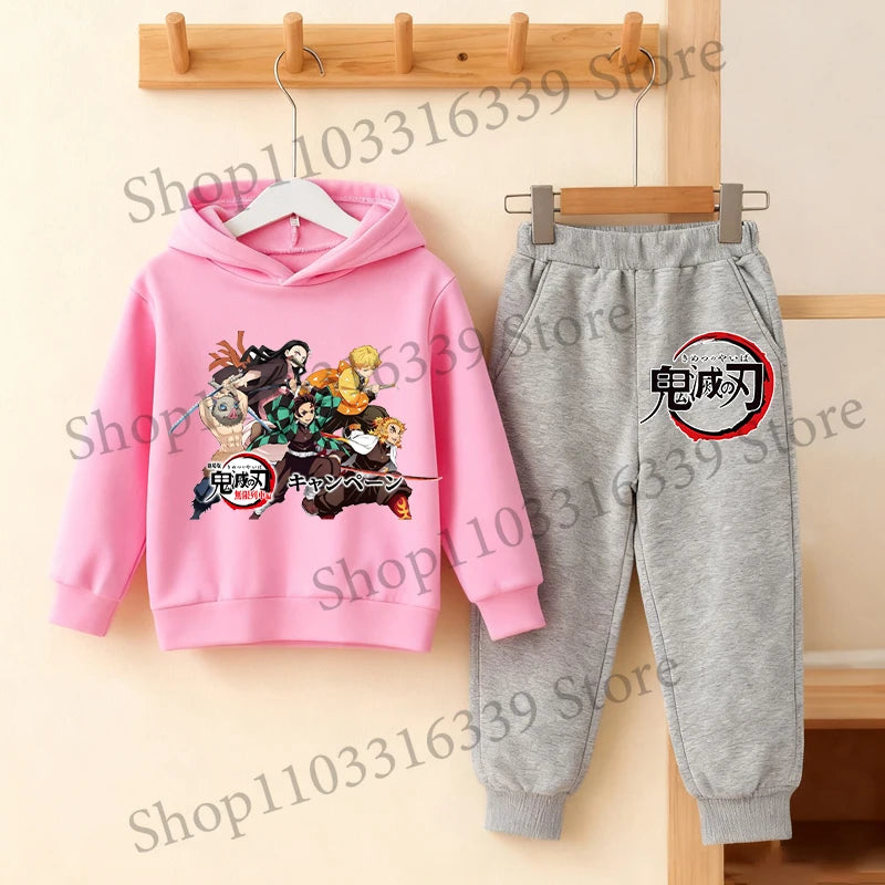 Demon Slayer Anime Hoodie Pants Set Children Hooded Sweatshirt Outerwear Pants Set Boys Girls Tops Autumn Pullover Clothing Gift