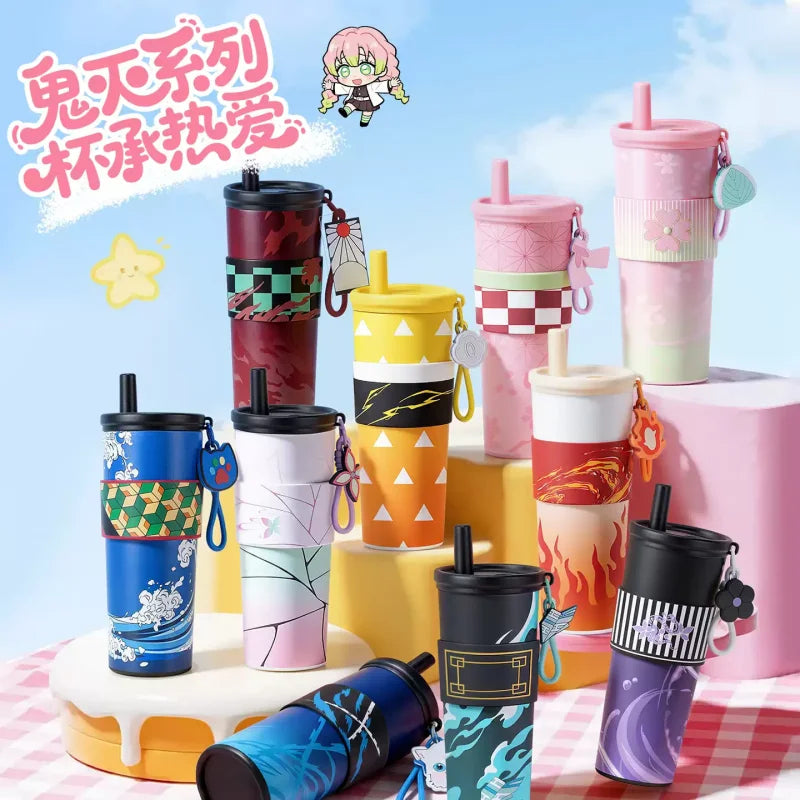 Anime Demon Slayer Vacuum Cup 24 Oz Tomioka Giyū 316 Stainless Steel High Capacity Car Coffee Cup Straw Thermos Cup Gift