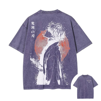 2026 Summer New Zenitsu Agatsuma Breath of Thunder Retro Washed Old T-shirt Demon Slayer 90s Street Style Short-sleeved Top
