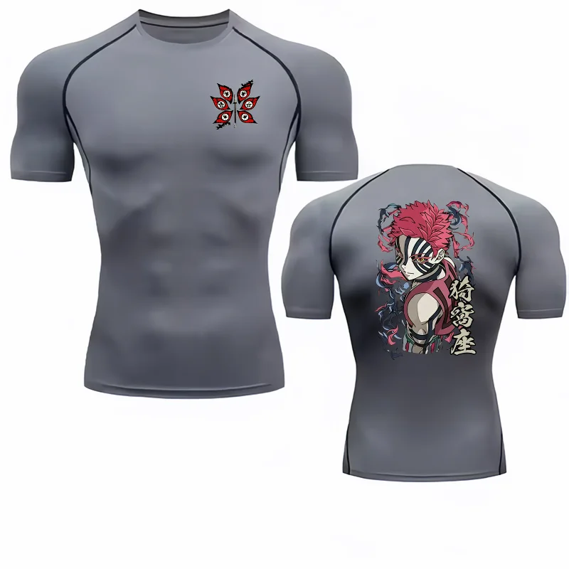 Bandai Demon Slayer Akaza Men's Compression Shirt, Quick Dry Elastic Short Sleeve Gym Workout Breathable Fitness Sportswear