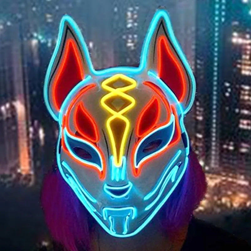 Glowing  Demon Slayer Mask Cosplay Japanese Cartoon Neon Light Samurai Mascara Luminous Led Fox Mask For Halloween Christmas