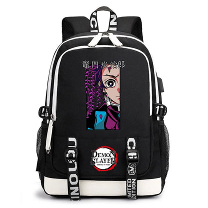 Demon Slayer Anime Print Student Backpack USB Charging Port Lightweight School Bag for Boys Girls