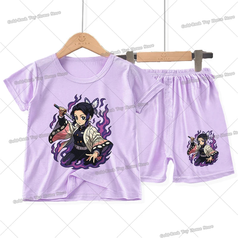 Demon Slayer Girl Pajamas Set Kamado Nezuko Kochou Shinobu Toddler Sleepwear 2pcs Cartoon Summer Home Tops Shorts Kids Pyjamas