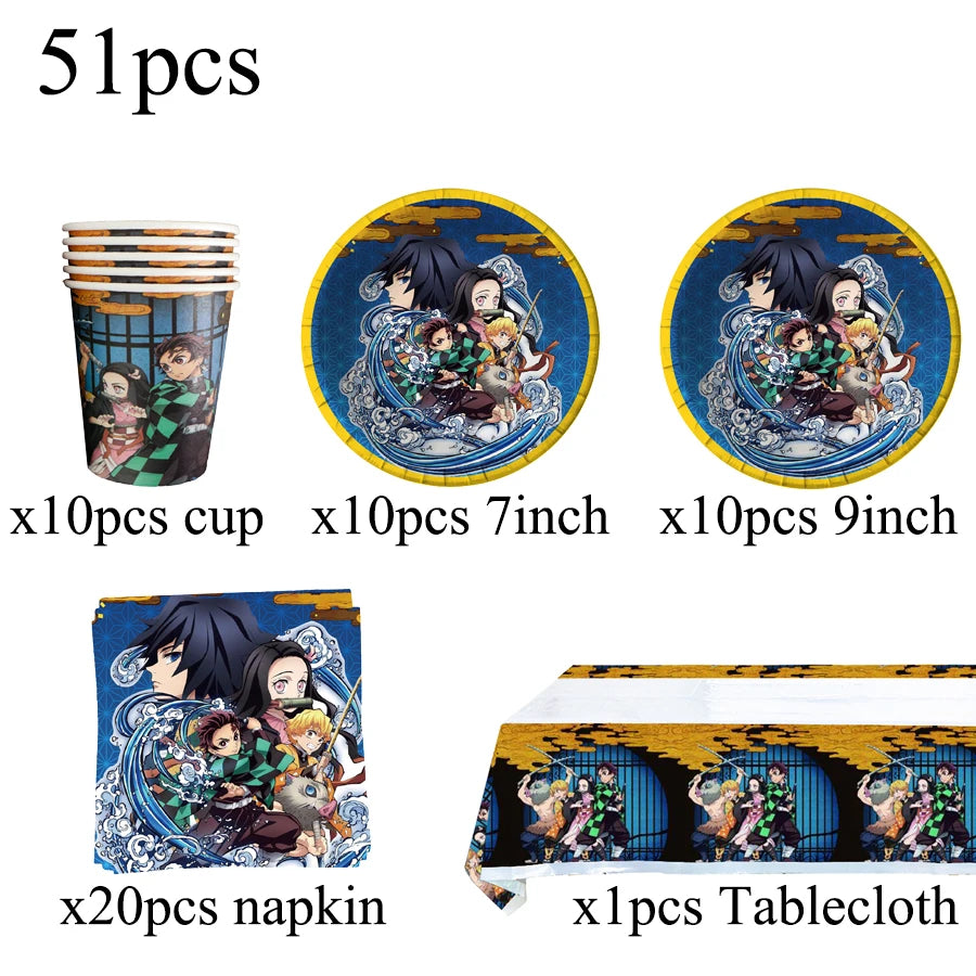 Demon Slayer Birthday Party Background Cloth Banner Balloons Paper Plates Napkins Tablecloth For Holiday Party Decor Supplies