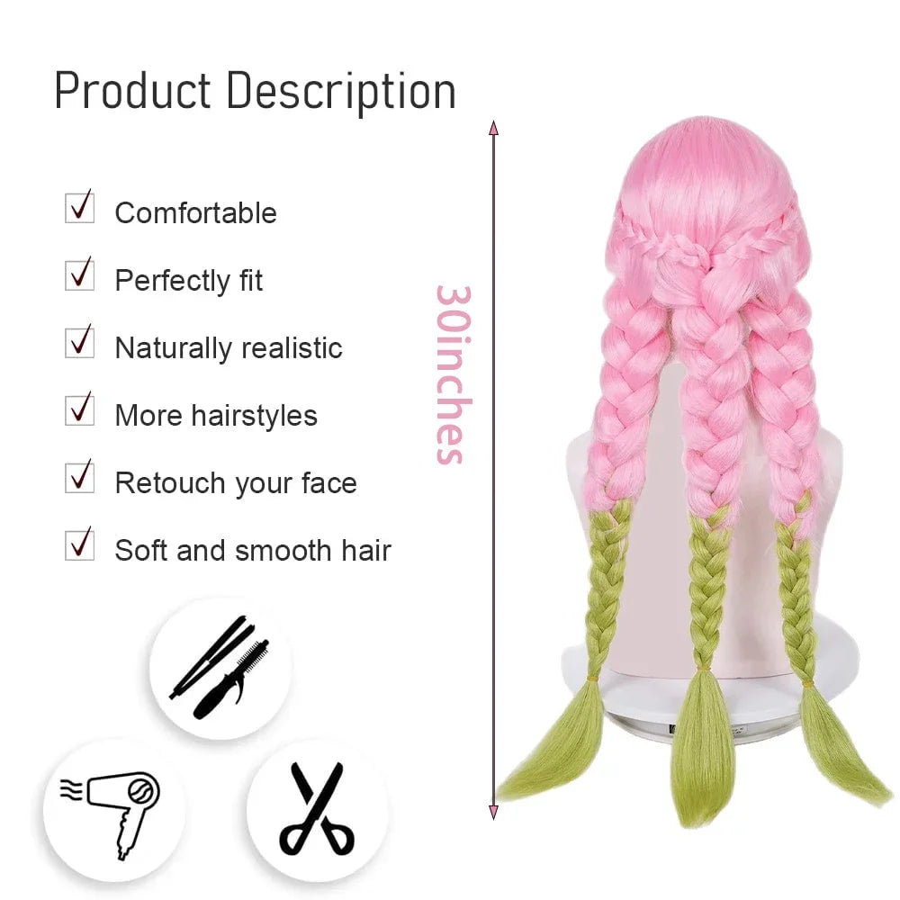 High-Quality Anime Kanroji Mitsuri Iguro Obanai Cosplay Synthetic Wig With Three Braids And Black Layered Heat-Resistant Wig