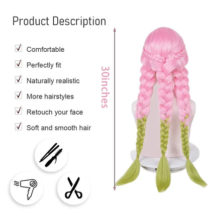 High-Quality Anime Kanroji Mitsuri Iguro Obanai Cosplay Synthetic Wig With Three Braids And Black Layered Heat-Resistant Wig
