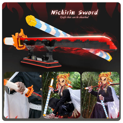 Demon Slayer Rengoku Kyojuro Sword Building Blocks Katana Model with Stand DIY Collectible Toy Gift for Anime Fans Adults Teens