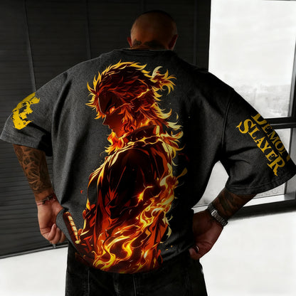 Demon Slayer Anime Rengoku Kyoujurou Printed T-shirt Summer New Men's Japanese Harajuku Loose Casual Children's Parent Child Top