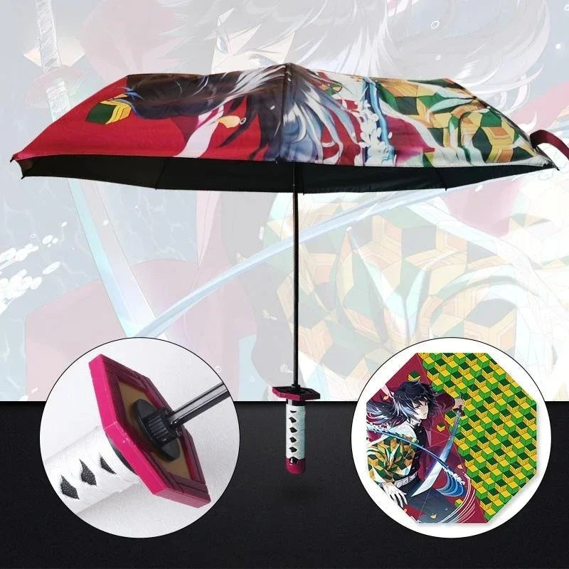 Demon Slayer Folding Katana Umbrella Tanjirou Zenitsu Anime UV Parasol Rain Gear Samurai Style Cosplay Display Photo Prop Decor