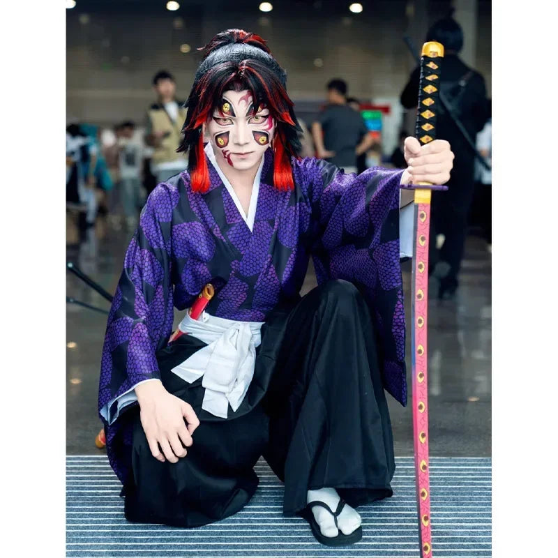 2026 New Edition Kokushibo Role-Play Wig, Temporary Tattoos, Anime-Print Kimono Top, Halloween Party Costume