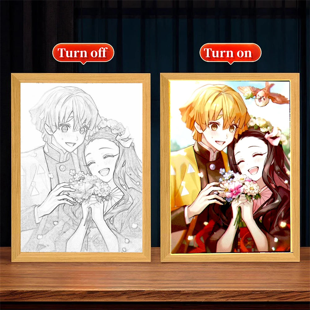 Anime Figure Light Painting Photo Frame USB Night Light Tanjirou Nezuko Zenitsu Action Led Lamps Bedroom Decor Chirstmas Gifts