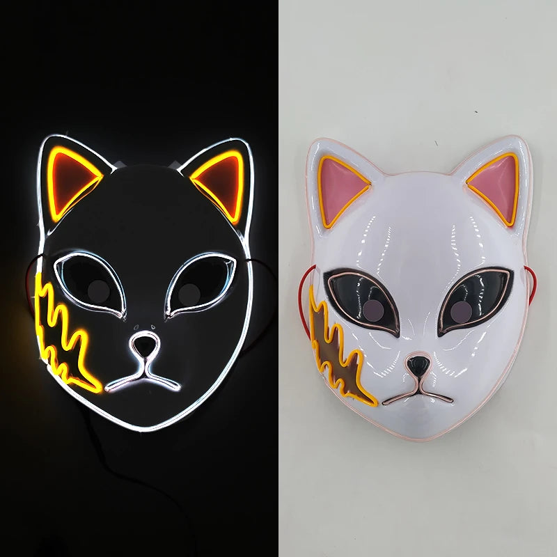 Glowing  Demon Slayer Mask Cosplay Japanese Cartoon Neon Light Samurai Mascara Luminous Led Fox Mask For Halloween Christmas