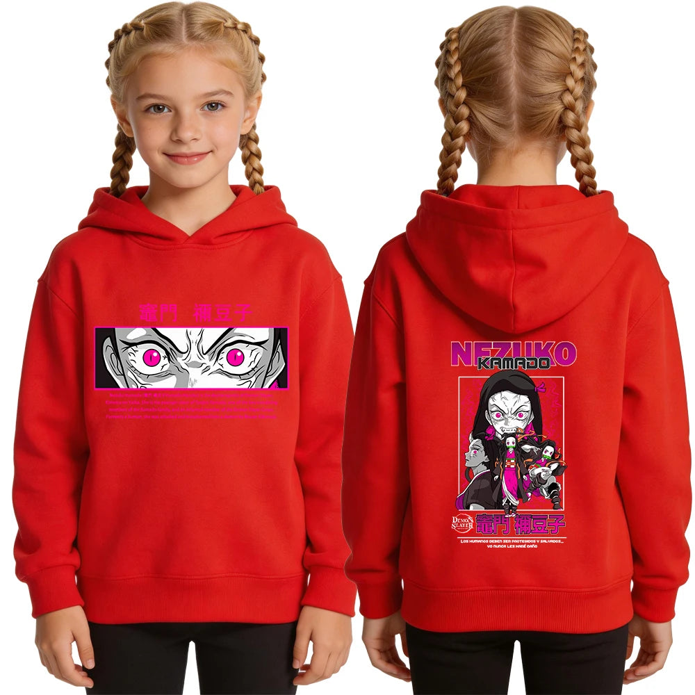 Demon Slayer Nezuko Anime Print Hoodie for Girls Casual Pullover Sweatshirt Soft Breathable Loose Fit Spring Fall Youth Top